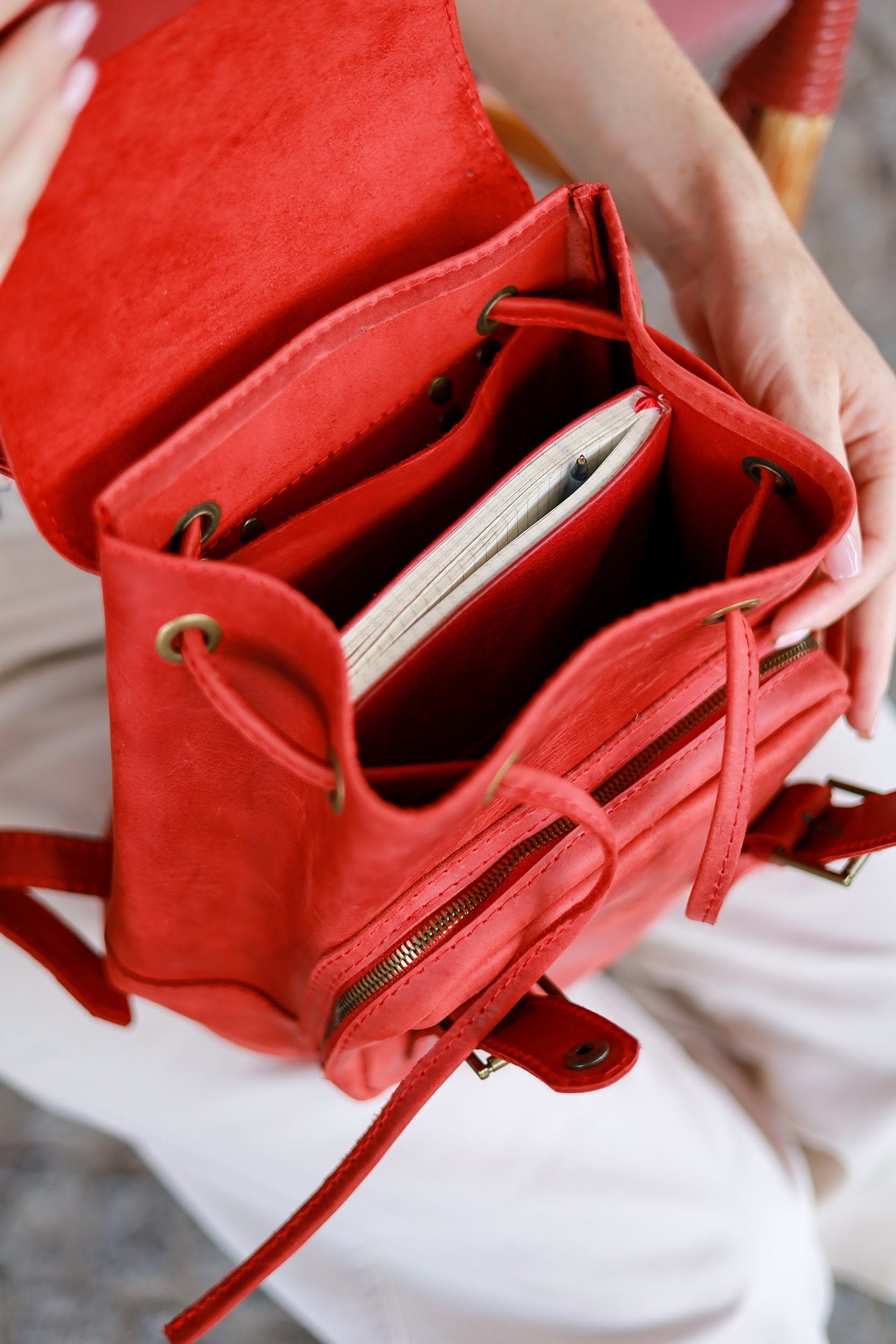 Cute Red Leather Mini Backpack Purse - Small Drawstring  display picture 3