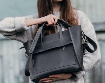 Leather Work Bag for Women, Large Crossbody Purse, MacBook Leather Handbag, Vintage Crazy Horse Leather Tote, Office Shoulder Bag