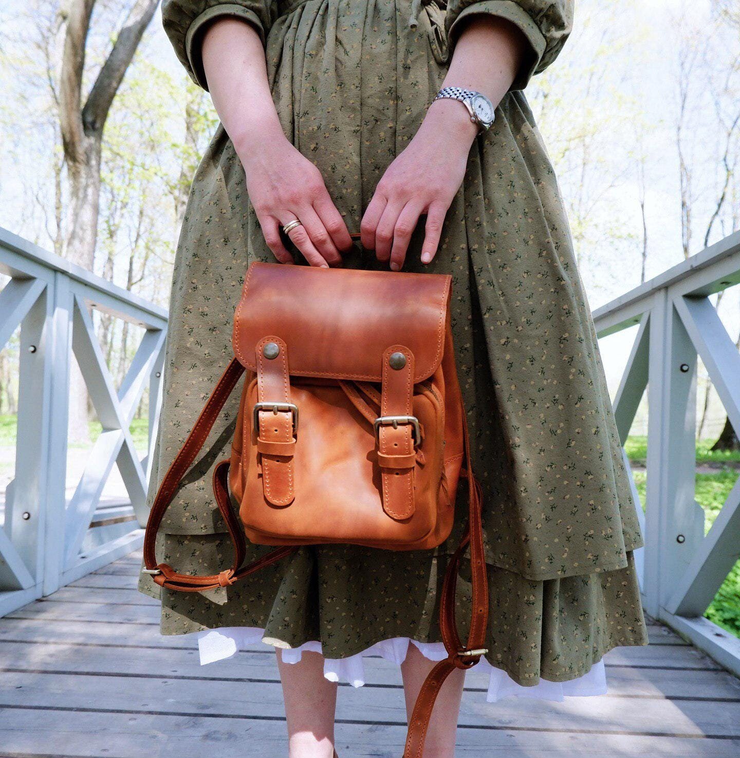 cute small brown leather backpack Ladies Purse Mini Leather Rucksack Perfect for small items Mini Brown Leather Backpack Small