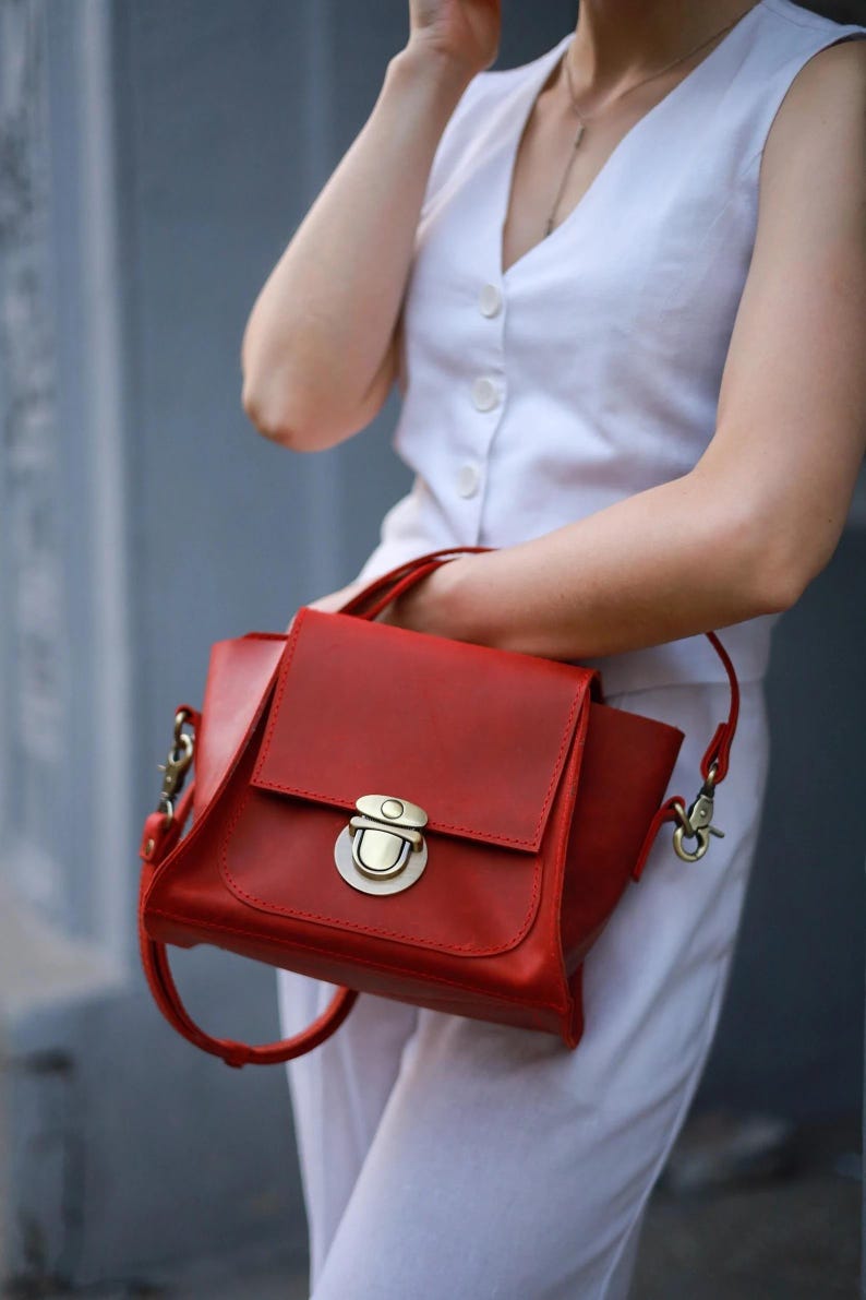 Women's Small Handbag - Real Leather Crossbody Bag - Crazy Horse Purse - Personalized Bag for Women - Handmade Everyday Style Red