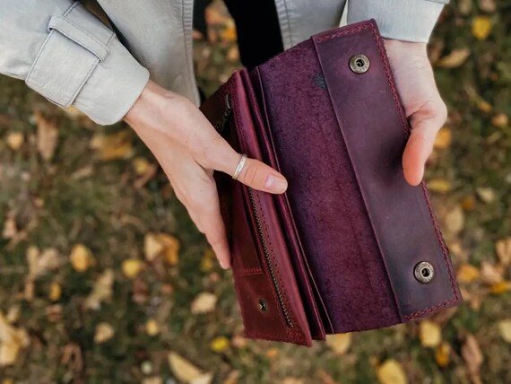 Burgundy Leather Long Wallet for Women – Monogrammed Phone Wallet