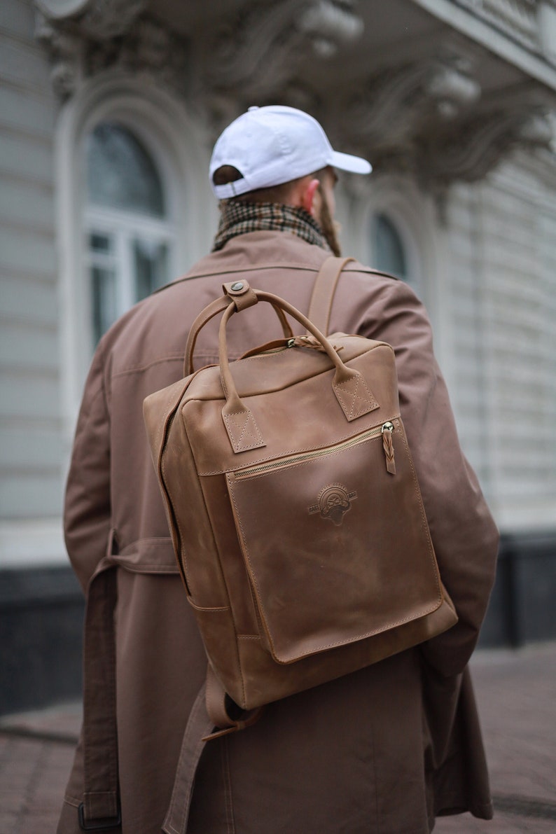 Leather backpack men work backpack laptop backpack backpack purse leather rucksack Beige