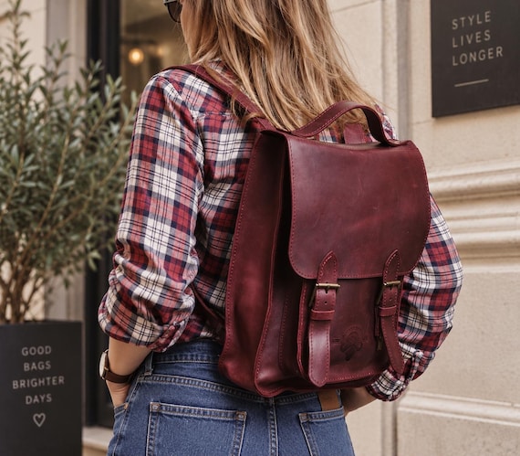 Burgundy Leather Backpack Women – Handmade Vintage Satchel, Small Laptop Bag, Everyday Rucksack, School & Travel Leather Bag