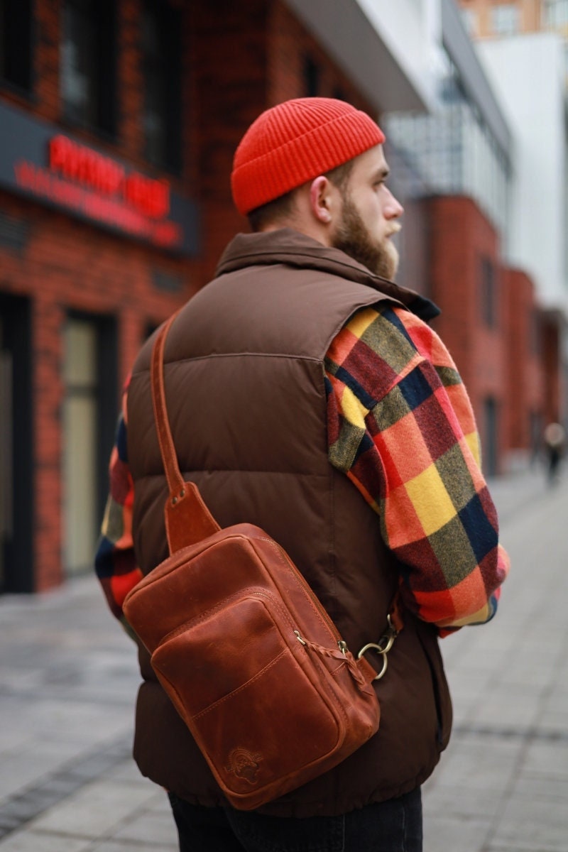 Leather Sling Bag for Men, Crazy Horse Crossbody Bag, Vintage