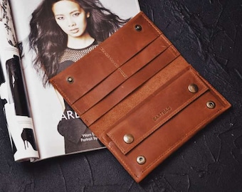 Cartera de cuero para mujer - Cartera larga personalizada, cartera delgada, cartera linda bifold - carteras de cuero para mujer, regalos personalizados para ella