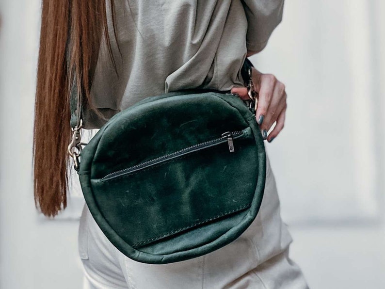 Black leather crossbody bag small black leather purse round bag Green