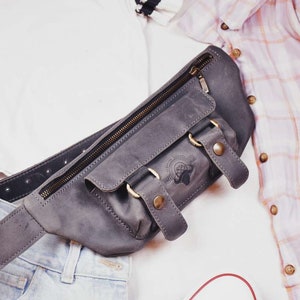 Leather fanny pack Leather Utility Belt Sling bag for women Bachelorette fanny pack Gray