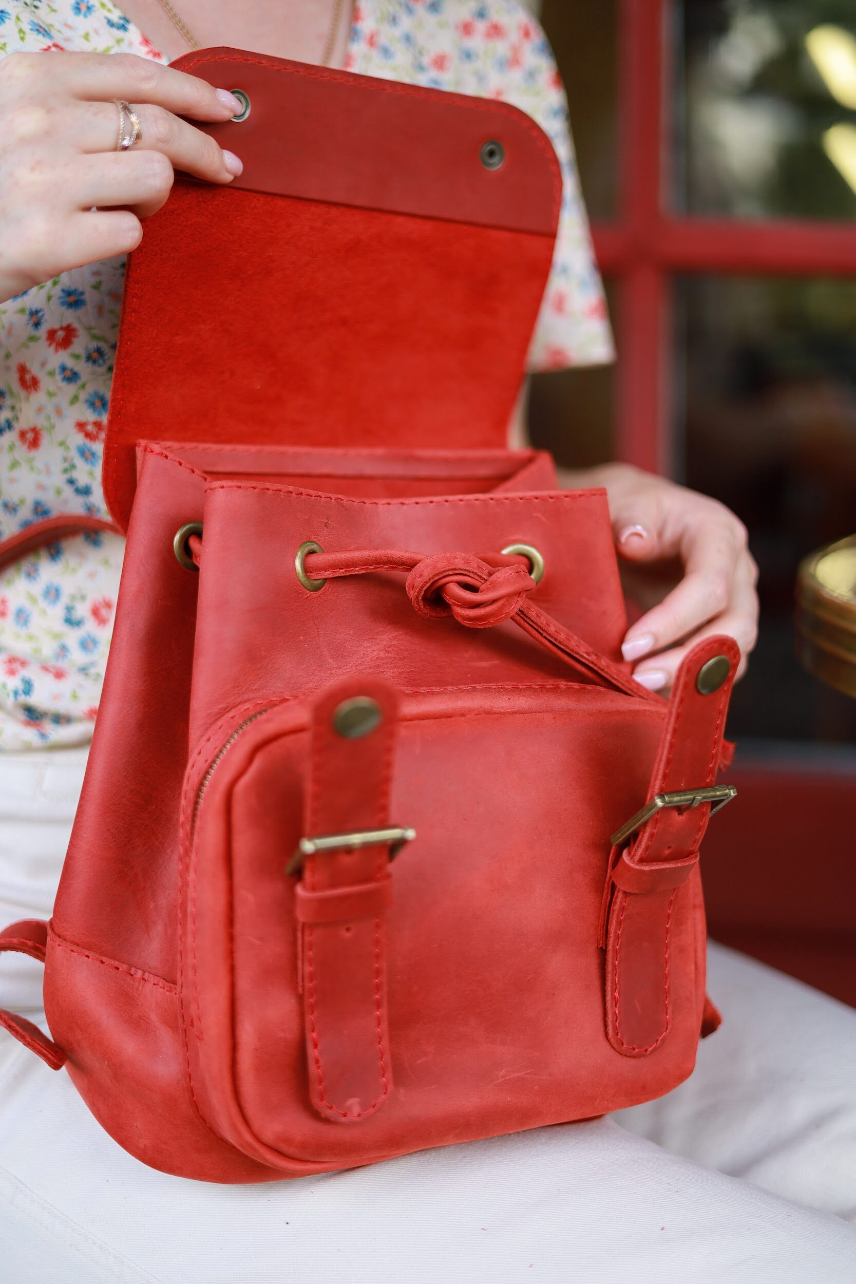 Cute Red Leather Mini Backpack Purse - Small Drawstring  display picture 1