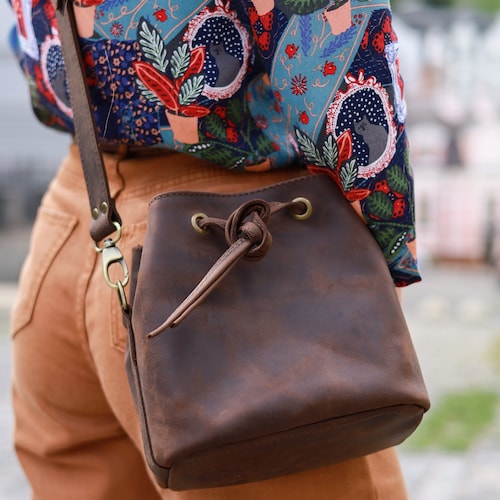 Small Crossbody Leather Bucket Bag - Drawstring Purse, Compact and