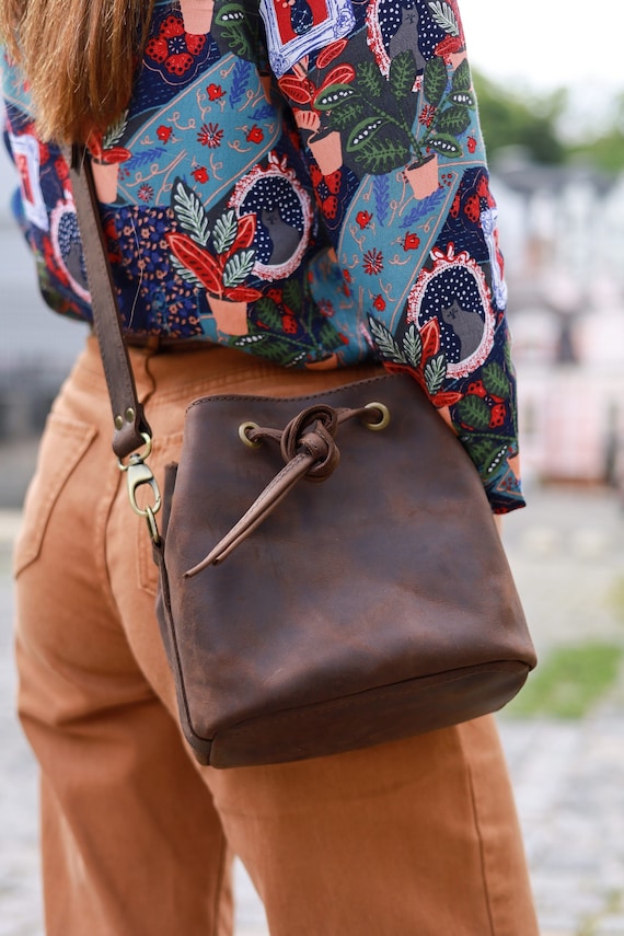 Small Crossbody Leather Bucket Bag - Drawstring Purse