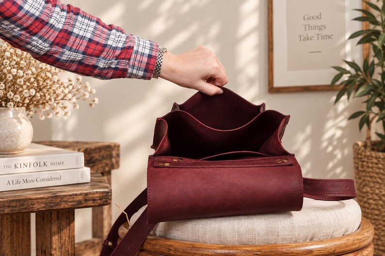 May include: A deep burgundy leather bag with an open top, featuring a structured rectangular base, a smooth matte finish, and a matching leather strap. The interior is lined with the same dark red material, showing a clean, minimalist construction.