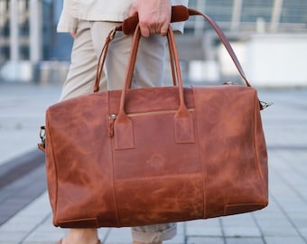 Handmade Leather Duffle Bag | Vintage Travel Weekender | Men's Overnight Gym Carry-On Luggage