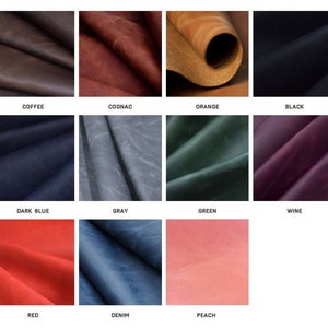 May include: A grid of eleven leather swatches in various colors labeled Coffee, Cognac, Orange, Black, Dark Blue, Gray, Green, Wine, Red, Denim, and Peach. Each swatch shows the texture and folds of the material in its respective color.