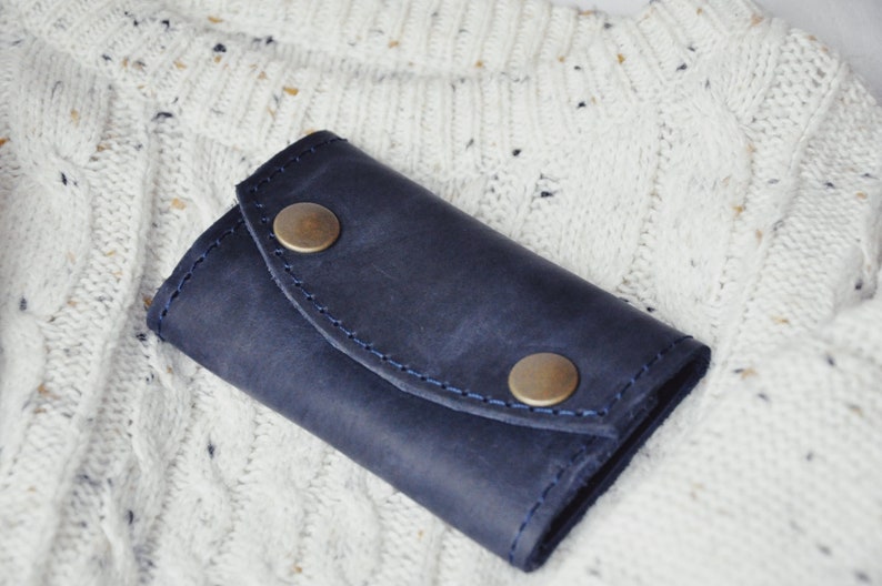 Leather key case Key holder wallet Leather key holder Dark blue