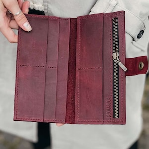 Burgundy Leather Wallet – Handmade Long Wallet for Women & Men, Card Holder with Zipper Coin Pocket, Personalized Gift