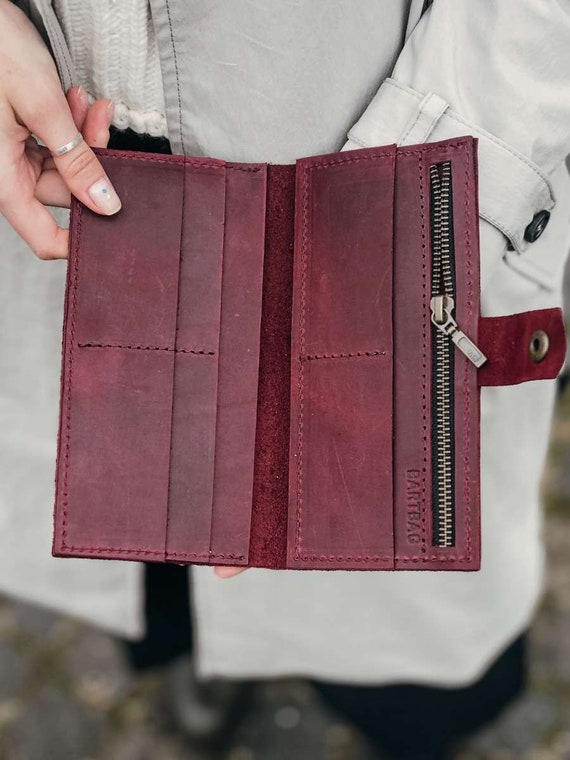 Burgundy Leather Wallet – Handmade Long Wallet for Women & Men