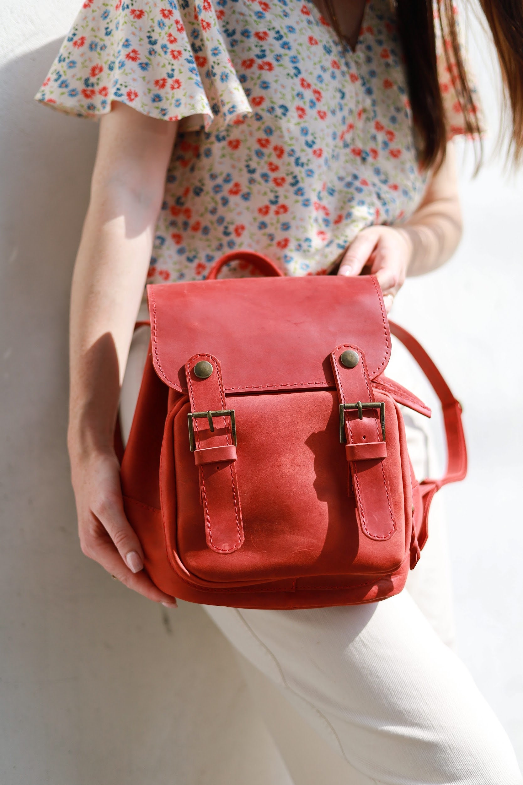 Cute Red Leather Mini Backpack Purse - Small Drawstring  display picture 1