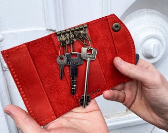 Schlüsseletui aus rotem Leder | Personalisierte Schlüsselhalter-Geldbörse | Schlüsselhalter aus Leder | 11 Farben