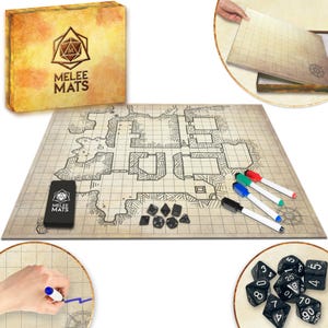 Dungeons and Dragons Gifts - DnD Map 5e Starter Kit - Double Sided Board, 23&quot;x27&quot; - Dry Erase Battle Mat - Tabletop Gaming with Accessories