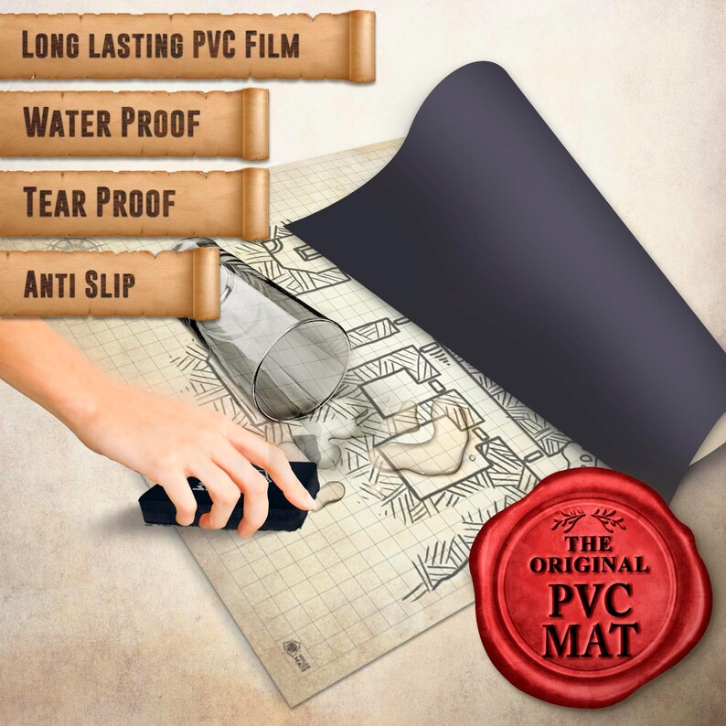 May include: A black PVC mat with a detailed map design, featuring the text "LONG LASTING PVC FILM", "WATER PROOF", "TEAR PROOF", and "ANTI SLIP". A red seal reads "THE ORIGINAL PVC MAT". A hand is using an eraser.
