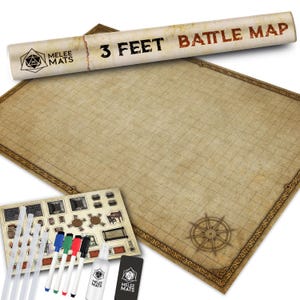 May include: A rolled-up battle map with the text "3 FEET BATTLE MAP" and a grid pattern. Includes a large, unfolded map, markers, and game accessories. The map is approximately 36 inches wide.