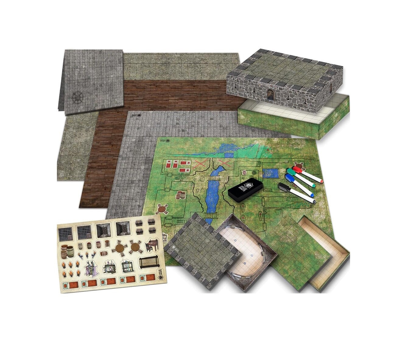 Dungeons and Dragons Gifts - DnD Map 5e Starter Kit - Double Sided Board, 22"x26" - Dry Erase Battle Mat - Tabletop Gaming with Accessories