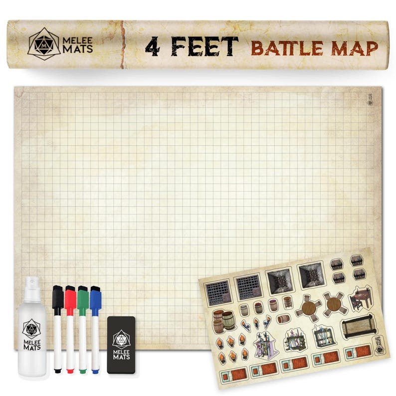 May include: A 122 cm battle map with a grid pattern, alongside dry-erase markers, a cleaning solution, and an eraser. The set includes game tokens, designed for tabletop gaming.