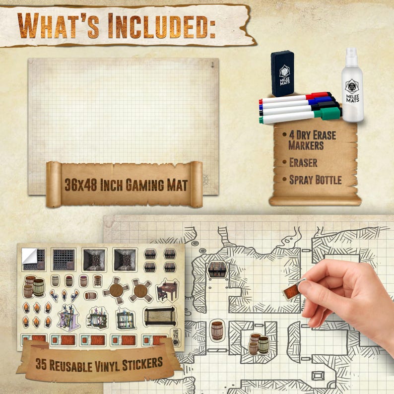 May include: A gaming set featuring a 91x122 cm gaming mat, 4 dry erase markers, an eraser, and a spray bottle. The set also includes 35 reusable vinyl stickers. The text "WHAT'S INCLUDED" is at the top.