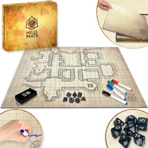 Dungeons and Dragons Gifts - DnD Map 5e Starter Kit - Double Sided Board, 23"x37" - Dry Erase Battle Mat - Tabletop Gaming with Accessories