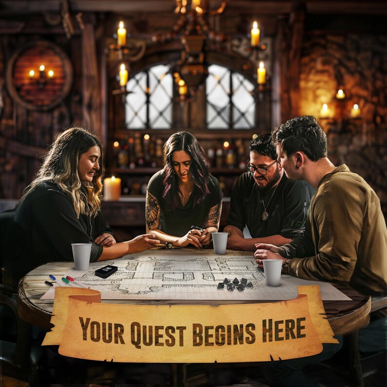 May include: A group of four people are playing a tabletop role-playing game around a round table. A map is laid out, with dice, markers, and cups. A banner at the bottom reads "YOUR QUEST BEGINS HERE". The room is dimly lit with candles.