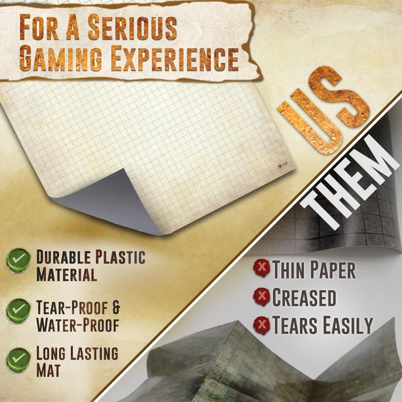 May include: A grid-patterned gaming mat with the text "For a Serious Gaming Experience." The mat is made of durable plastic, tear-proof, and water-proof. The image contrasts it with thin paper that creases and tears easily.