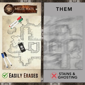 May include: A Melee Mats gaming mat featuring a detailed dungeon map design, gridded for use. Includes red, green, blue, and black markers. The text "EASILY ERASES" is displayed with a checkmark, and "STAINS & GHOSTING" with an X.