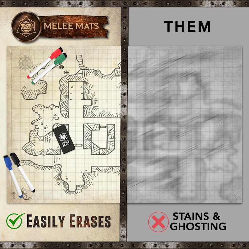 May include: A Melee Mats gaming mat featuring a detailed dungeon map design, gridded for use. Includes red, green, blue, and black markers. The text "EASILY ERASES" is displayed with a checkmark, and "STAINS & GHOSTING" with an X.