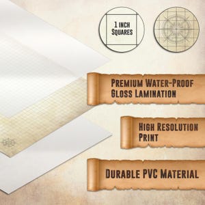 May include: A stack of white and beige grid paper with a compass rose design. The image includes text that reads "1 INCH SQUARES", "PREMIUM WATER-PROOF GLOSS LAMINATION", "HIGH RESOLUTION PRINT", and "DURABLE PVC MATERIAL".
