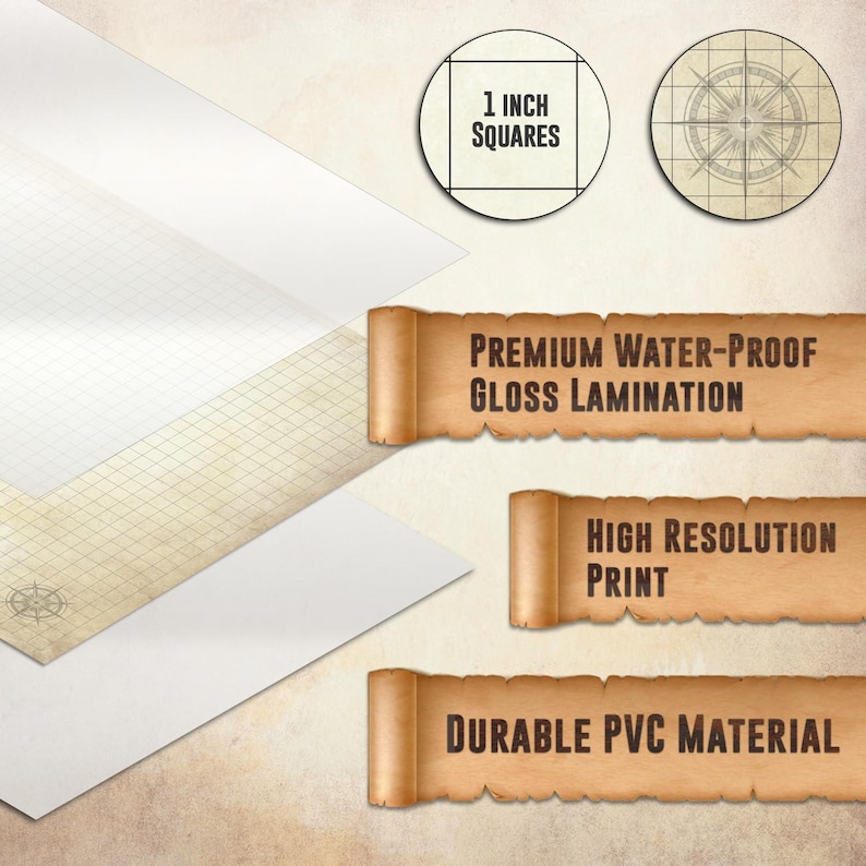 May include: A stack of white and beige grid paper with a compass rose design. The image includes text that reads "1 INCH SQUARES", "PREMIUM WATER-PROOF GLOSS LAMINATION", "HIGH RESOLUTION PRINT", and "DURABLE PVC MATERIAL".