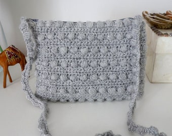 New crochet bag handbag shoulder handmade silver gray small party shimmer  clutch crossbody summer knitted boho