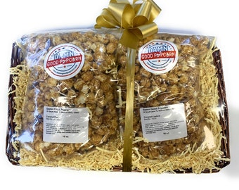 Gourmet Popcorn Gift Basket With Bow and Card Caramel Cashew Caramel Pecan