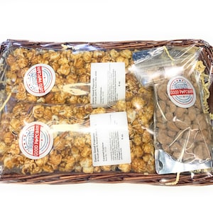 Gourmet Caramel Nut Popcorn Gift Basket: Cashew or Pecan