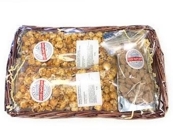 Gourmet Popcorn Gift Basket Caramel Cashew Popcorn or Caramel Pecan w Nuts