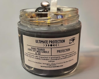 Intention Ultimate Protection Candle | Black Tourmaline & Selenite Candle | Crystals and Herbs Candle | Black Soy Candle