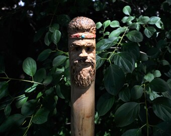 Hand-carved walking stick - "The Scout" 59 in walking staff with BearTrace Copper & Jade Medallion, braided leather lanyard and compass rose
