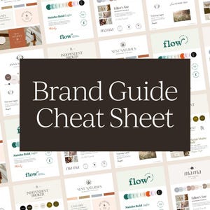 May include: A collection of brand guide sheets with various design elements. The central focus is a dark brown rectangle with the text "Brand Guide Cheat Sheet" in white. Surrounding sheets showcase logos, color palettes, and design examples.