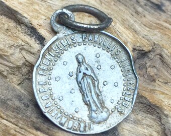 French catholic antique medal, SANCTA INFANTIA Jesus and children aluminium medal