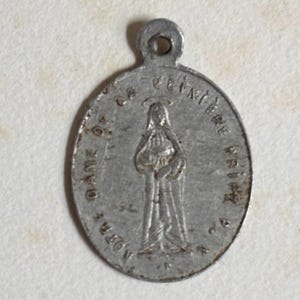 Antique catholic pilgrimage medal from France, Notre Dame de la Peinière (Our Lady of la Peiniere) aluminium medal made in France circa 1910