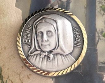 Large vintage religious medal of Saint Jeanne Jugan on a magnet made in France, Sister Mary of the Cross, Patron Saint of Elderly