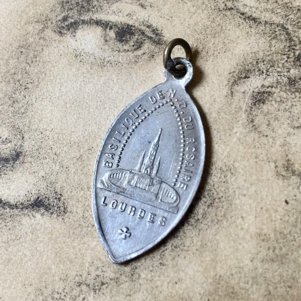 Antique aluminium medal made in France in the 1900's, Notre Dame de Lourdes medal (Our Lady of Lourdes)