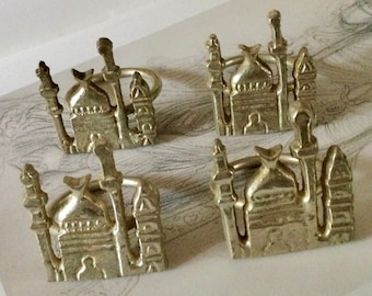 Set of 4 vintage silver color Moroccan napkin rings decorated with a Mosque, handmade in Morocco in the 1970's RefA8