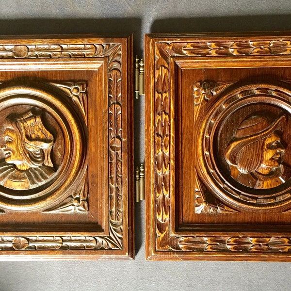 Charming vintage pair of carved wooden panels, set of 2 sculpted cabinet doors, folk art from France traditional Breton art 1.11 x 1.11 ft