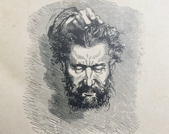 May include: A black and white illustration of a man with a beard and a furrowed brow. The man is depicted with a distressed expression, and his hair is tousled. The illustration is titled "Claude Gueux".