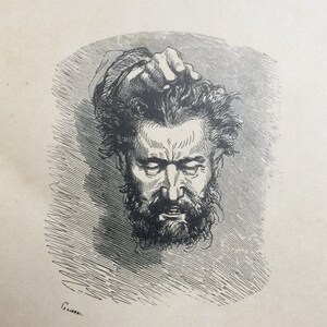 Op de afbeelding: Een zwart-witte illustratie van een man met een baard en een gefronste wenkbrauw. De man wordt afgebeeld met een verontruste uitdrukking, en zijn haar is door elkaar. De illustratie heeft de titel "Claude Gueux".